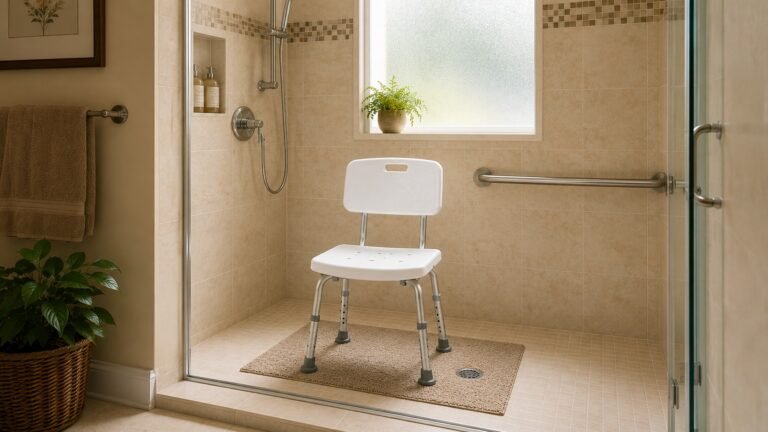 Drive Medical shower chair RTL12202KDR in accessible bathroom