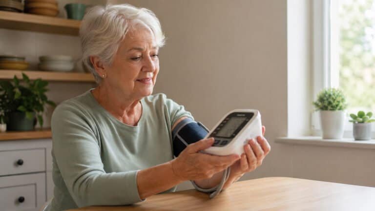 Senior woman using an upper-arm blood pressure monitor at home