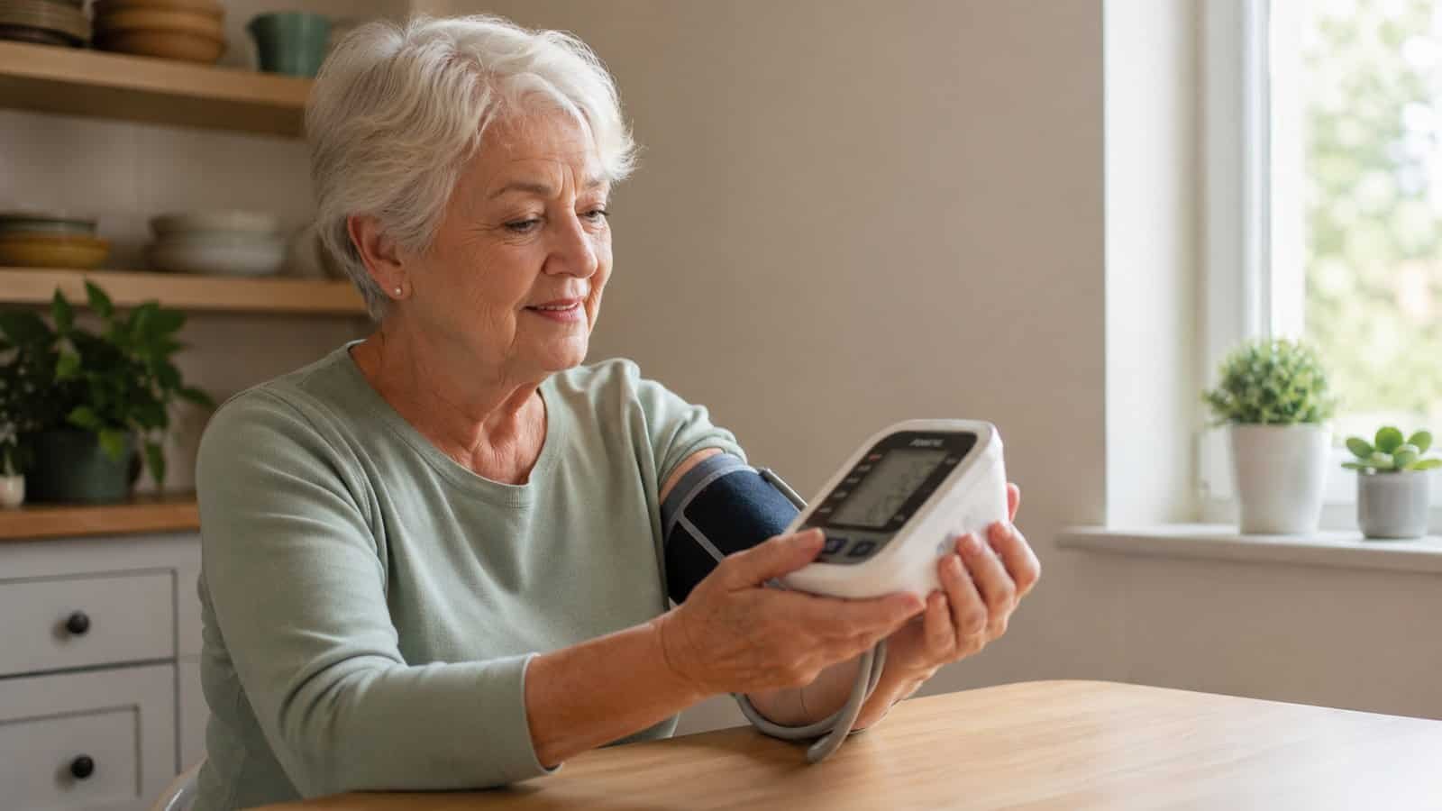 Senior woman using an upper-arm blood pressure monitor at home