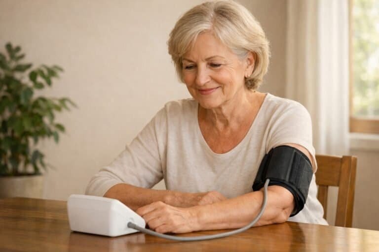 Senior woman reviewing a blood pressure monitor at home