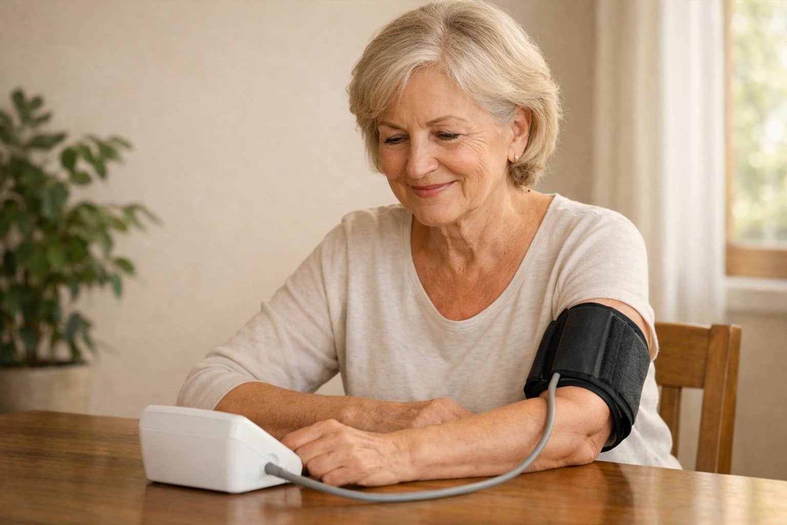Senior woman reviewing a blood pressure monitor at home