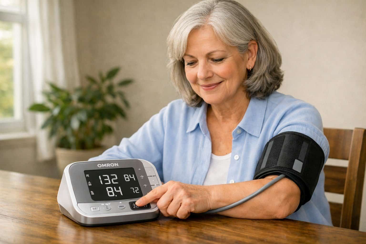 Senior woman using an upper-arm blood pressure monitor at a dining table