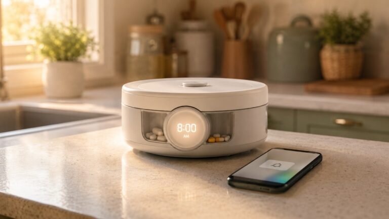 Automatic pill dispenser with caregiver alert on a phone in a sunny kitchen — best automatic pill dispensers for seniors