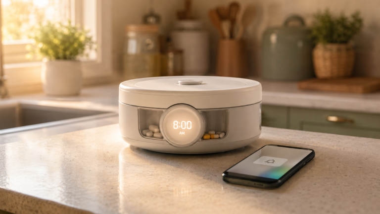 Automatic pill dispenser with caregiver alert on a phone in a sunny kitchen — best automatic pill dispensers for seniors