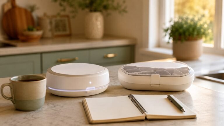 Two automatic pill dispensers compared on a kitchen counter with a notebook — how to choose an automatic pill dispenser for seniors