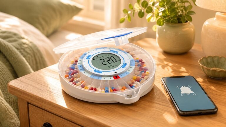 LiveFine Smart WiFi pill dispenser on a nightstand with a caregiver alert on a phone — LiveFine Smart WiFi pill dispenser review