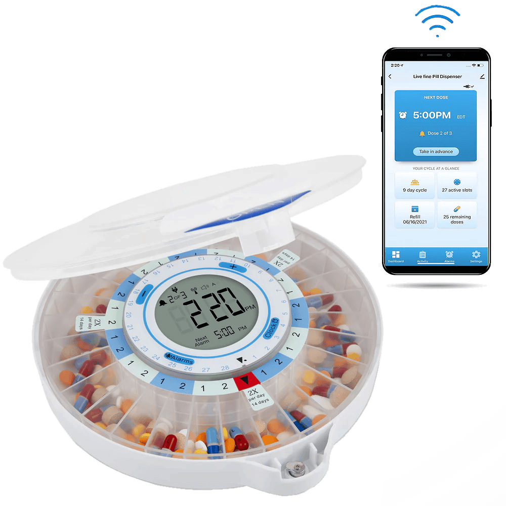 LiveFine Smart WiFi pill dispenser with its companion app showing the next dose and remaining doses — LiveFine Smart WiFi pill dispenser review